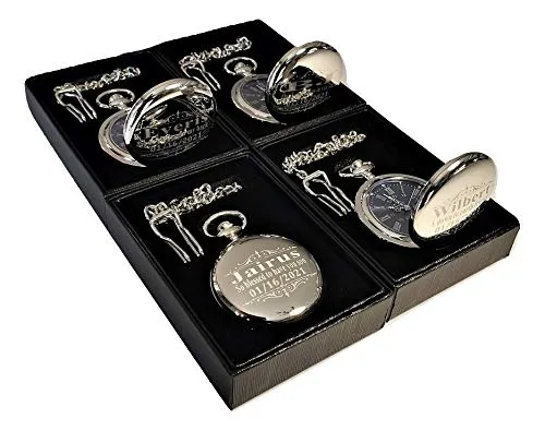 1 Personalized Pocket watch, Vintage style engraved gift. Box included, Stainless chain and engraving is included, Groomsmen, best man gifts for couples and weddings (Silver)