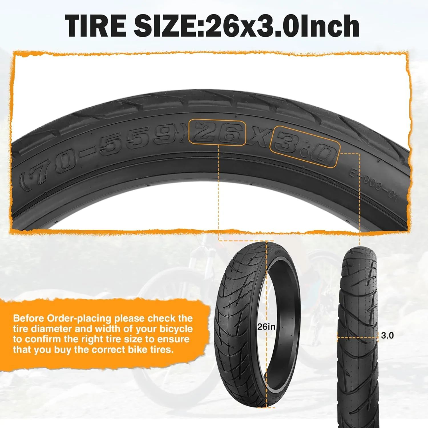 1/2 Pack Bike Fat Tires 26 x 3.0 Inch Electric Bicycle Fat Tires with/Without 26 X 3.0 Inner Tubes Folding Bead Tire Compatible with 26" Wide Mountain Snow Bicycle MTB E-Bike