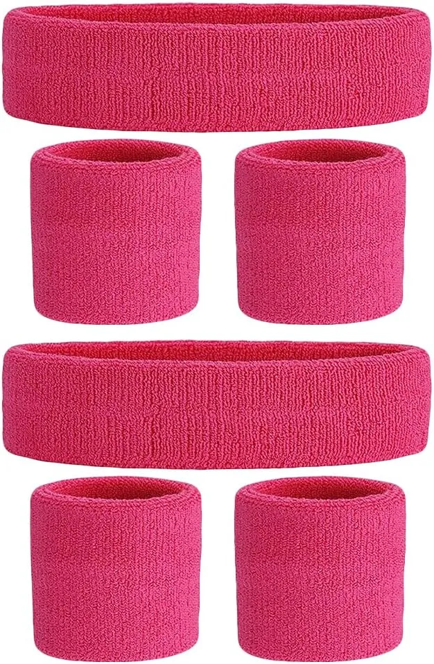 2 Sets Sweatband Set Sports Headbands and Wristbands Terry Cloth Sweat Bands Sweat Absorbing Head Bands Workout Wrist Sweatbands Stretchy Athletic Hairband Wristbands Hot Pink