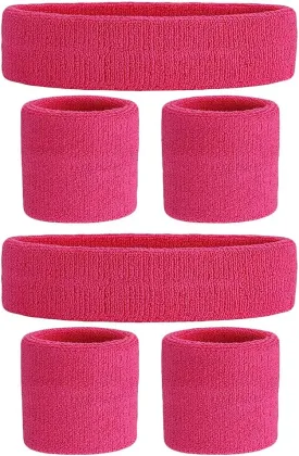 2 Sets Sweatband Set Sports Headbands and Wristbands Terry Cloth Sweat Bands Sweat Absorbing Head Bands Workout Wrist Sweatbands Stretchy Athletic Hairband Wristbands Hot Pink
