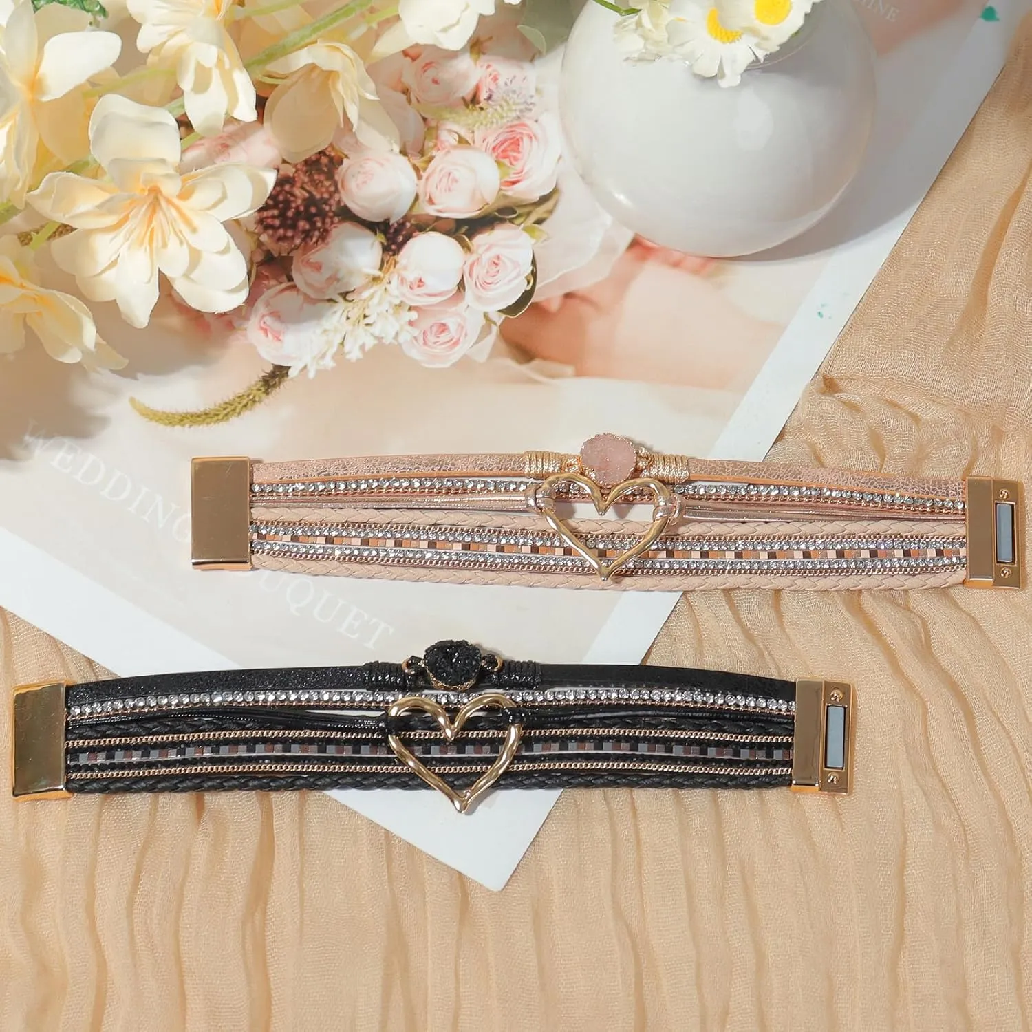 2Pcs Boho Bracelets Woven Leather Multi-Layer Wrap Bracelet Gold Love Heart Shape Inlaid Rhinestone Stackable Fashion Women Bracelet Jewelry
