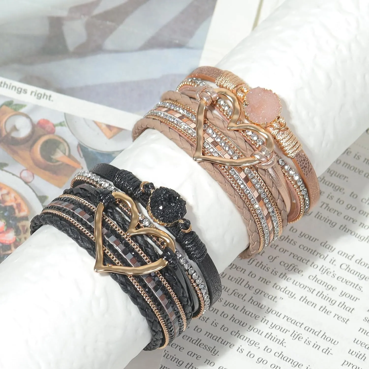 2Pcs Boho Bracelets Woven Leather Multi-Layer Wrap Bracelet Gold Love Heart Shape Inlaid Rhinestone Stackable Fashion Women Bracelet Jewelry