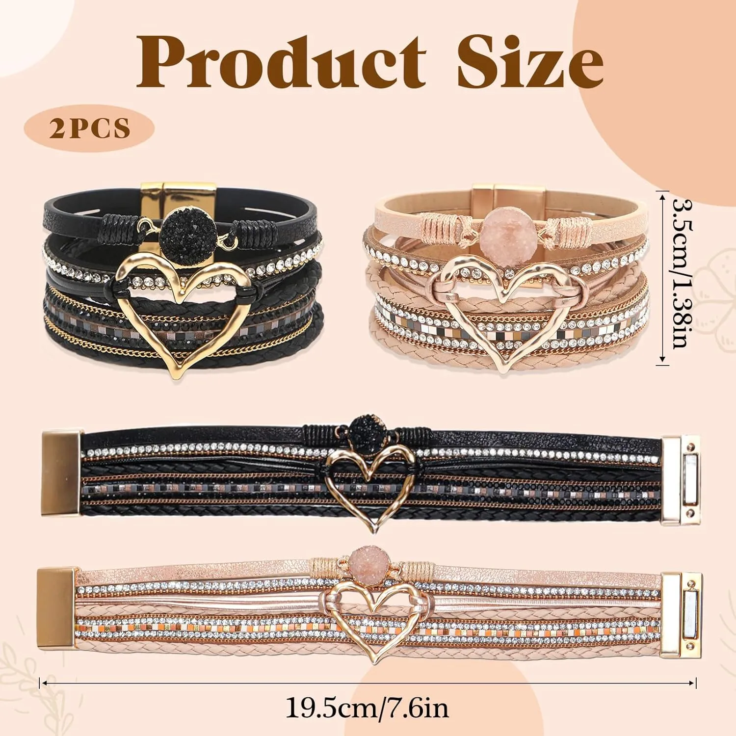 2Pcs Boho Bracelets Woven Leather Multi-Layer Wrap Bracelet Gold Love Heart Shape Inlaid Rhinestone Stackable Fashion Women Bracelet Jewelry