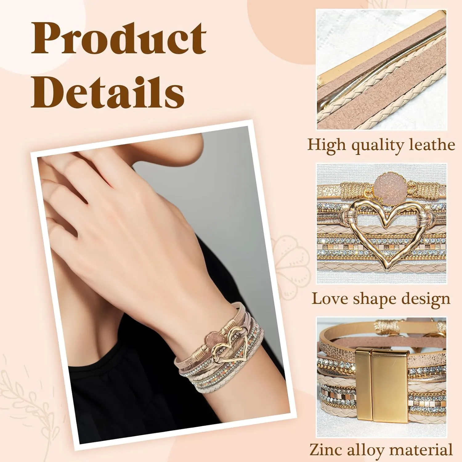 2Pcs Boho Bracelets Woven Leather Multi-Layer Wrap Bracelet Gold Love Heart Shape Inlaid Rhinestone Stackable Fashion Women Bracelet Jewelry