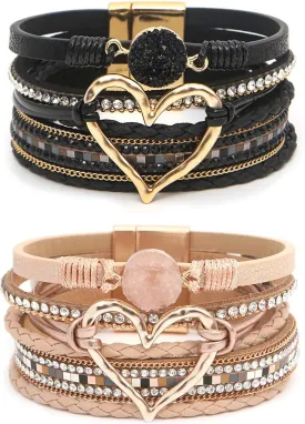 2Pcs Boho Bracelets Woven Leather Multi-Layer Wrap Bracelet Gold Love Heart Shape Inlaid Rhinestone Stackable Fashion Women Bracelet Jewelry
