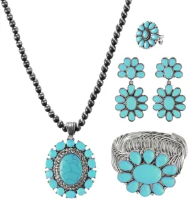 4 PCS Western Turquoise Jewelry for Women Boho Vintage Navajo Pearl Necklace Earring Bracelet Ring Set Country Cowgirl Accessories for Gift