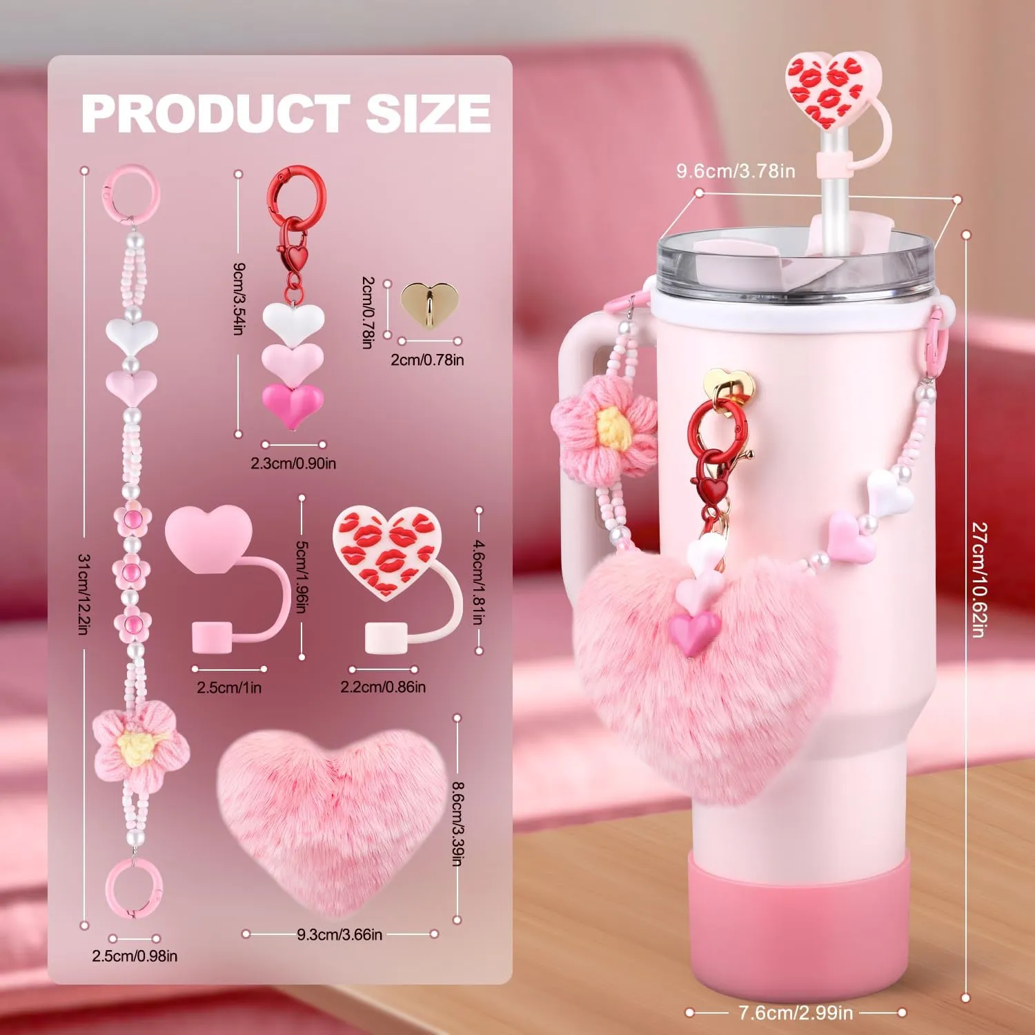 Accessories Set for Stanley Cup,Water Bottle Handle Strap, Siliocne Boot, Pink Straw Cover, Heart Charms, Straw Topper for Stanley Cup 40oz & 30oz Tumbler 8 Pcs