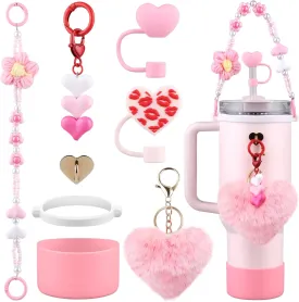 Accessories Set for Stanley Cup,Water Bottle Handle Strap, Siliocne Boot, Pink Straw Cover, Heart Charms, Straw Topper for Stanley Cup 40oz & 30oz Tumbler 8 Pcs