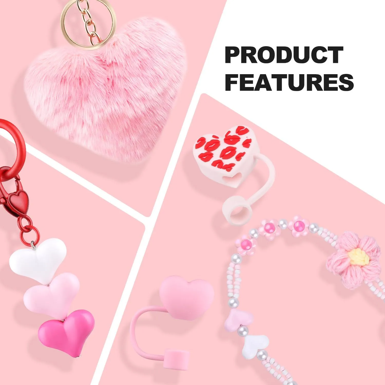 Accessories Set for Stanley Cup,Water Bottle Handle Strap, Siliocne Boot, Pink Straw Cover, Heart Charms, Straw Topper for Stanley Cup 40oz & 30oz Tumbler 8 Pcs