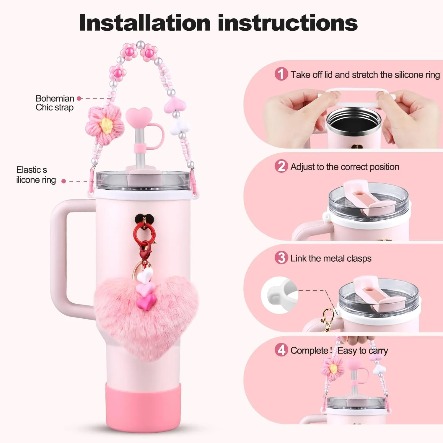 Accessories Set for Stanley Cup,Water Bottle Handle Strap, Siliocne Boot, Pink Straw Cover, Heart Charms, Straw Topper for Stanley Cup 40oz & 30oz Tumbler 8 Pcs