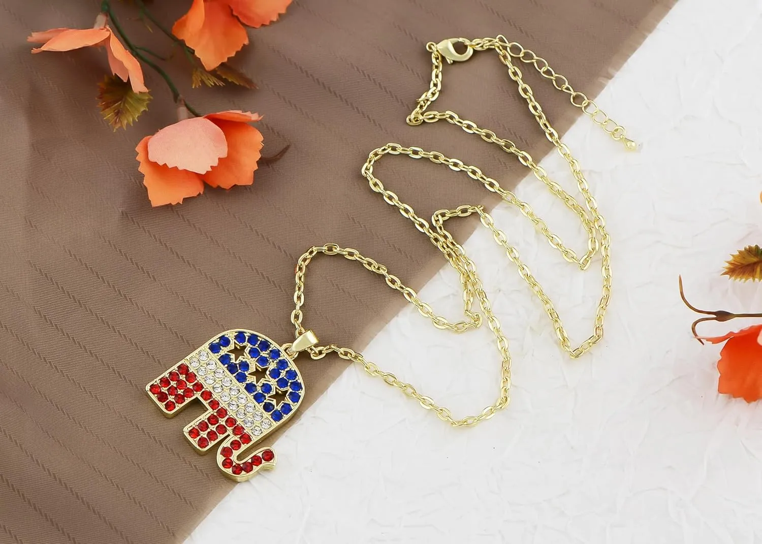 Alilang 4th of July USA American Flag Pendant Lincoln Memorial Round Elephant Necklace Patriotic for Women Men