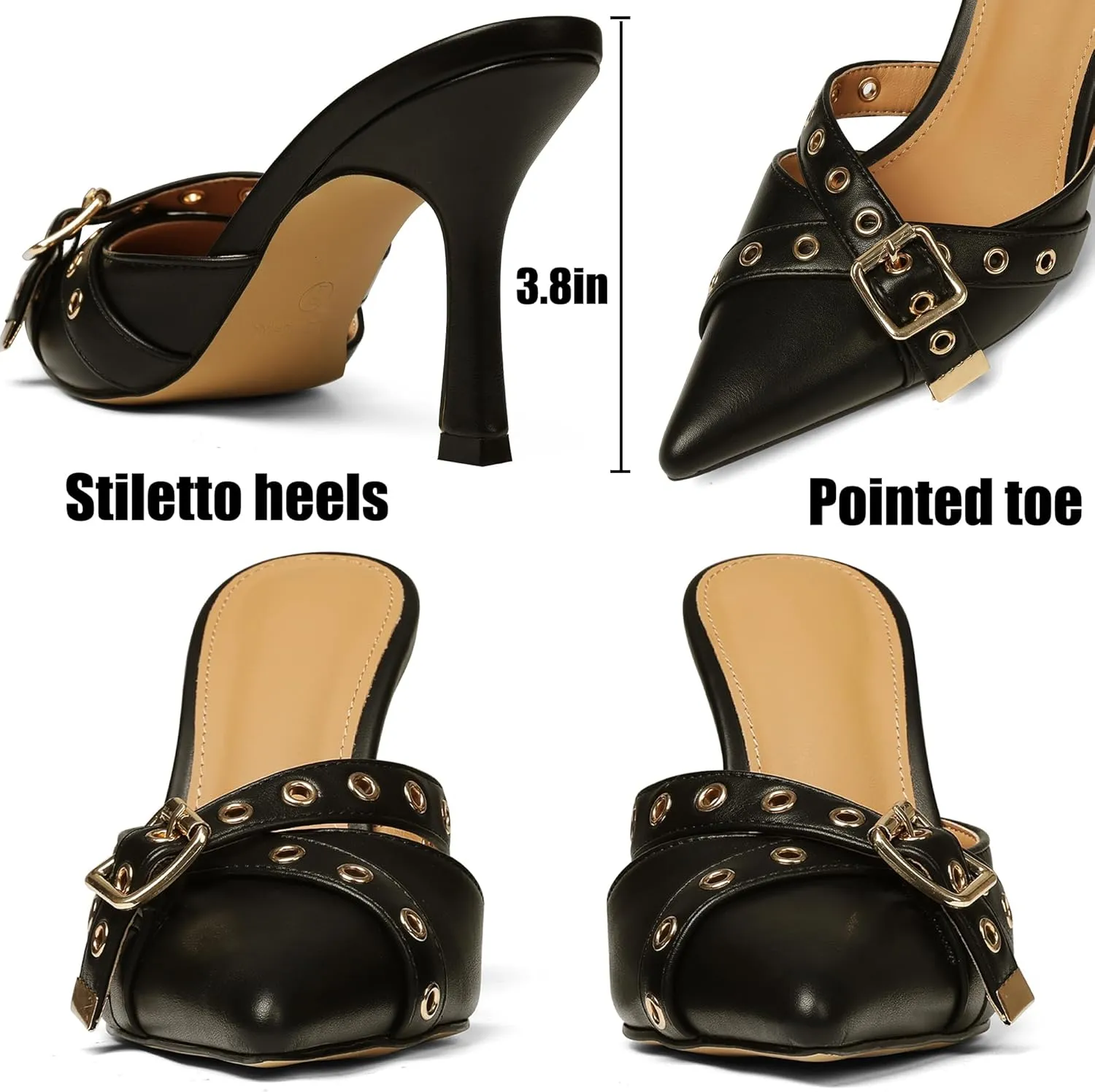 AMINUGAL Mules Heels for Women Pointed Closed Toe Kitten Pumps Buckle Slip On Studded Stiletto Heeled Party Dress Shoes