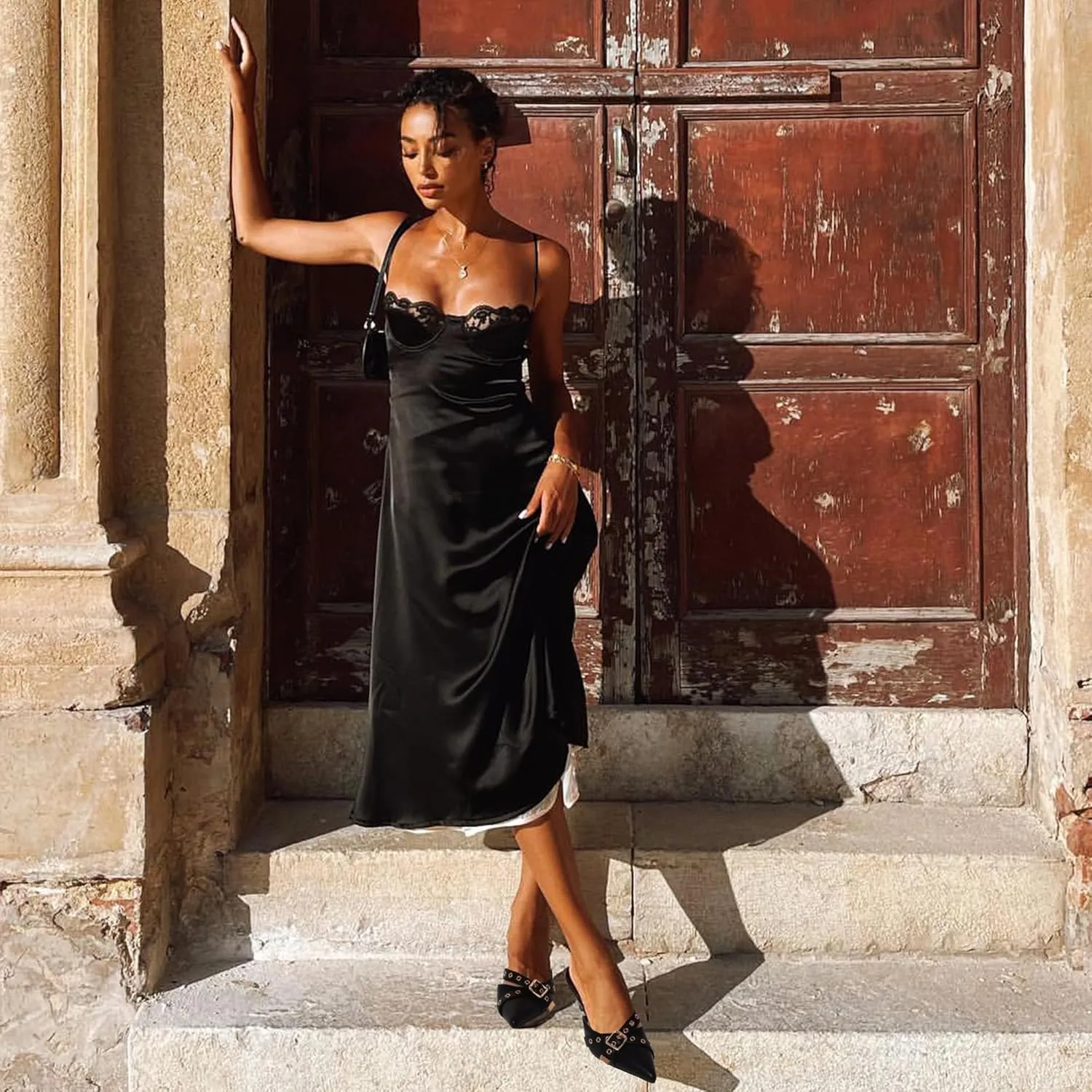 AMINUGAL Mules Heels for Women Pointed Closed Toe Kitten Pumps Buckle Slip On Studded Stiletto Heeled Party Dress Shoes