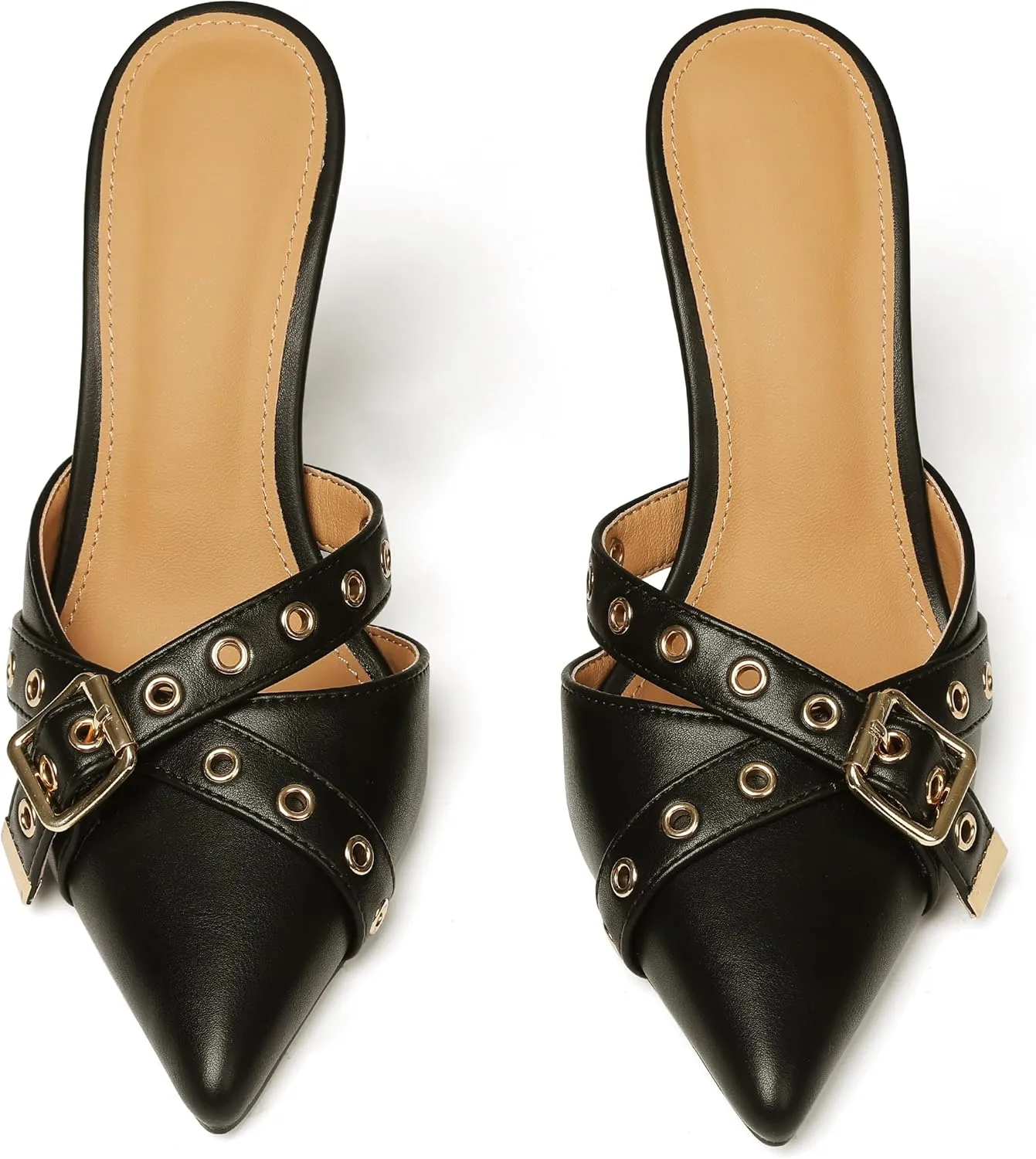 AMINUGAL Mules Heels for Women Pointed Closed Toe Kitten Pumps Buckle Slip On Studded Stiletto Heeled Party Dress Shoes