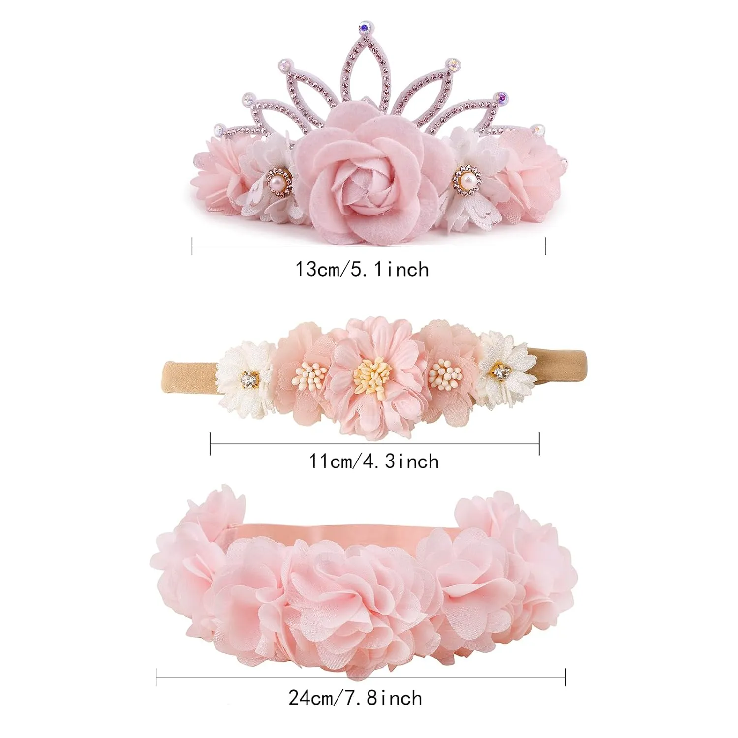 Baby Girl Floral Headbands- 3pcs Nylon Headband Handmade Flower Crown Elastic Hairband Newborn Toddler Hair Accessories Gifts for Girls 1-6 years old