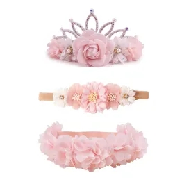 Baby Girl Floral Headbands- 3pcs Nylon Headband Handmade Flower Crown Elastic Hairband Newborn Toddler Hair Accessories Gifts for Girls 1-6 years old