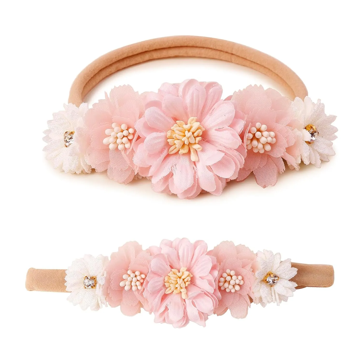 Baby Girl Floral Headbands- 3pcs Nylon Headband Handmade Flower Crown Elastic Hairband Newborn Toddler Hair Accessories Gifts for Girls 1-6 years old