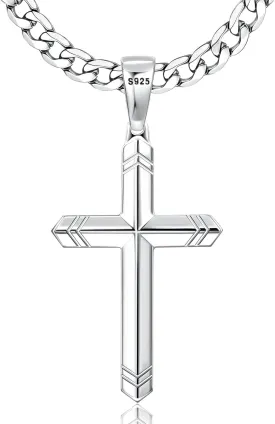 Besteel 925 Sterling Silver Cross Necklace for Men Women, 5MM Durable Stainless Steel Diamond Cut Cuban Link Curb Chain with Silver Cross Pendant, Mens Cross Crucifix Necklaces Jewelry 16-30 Inches