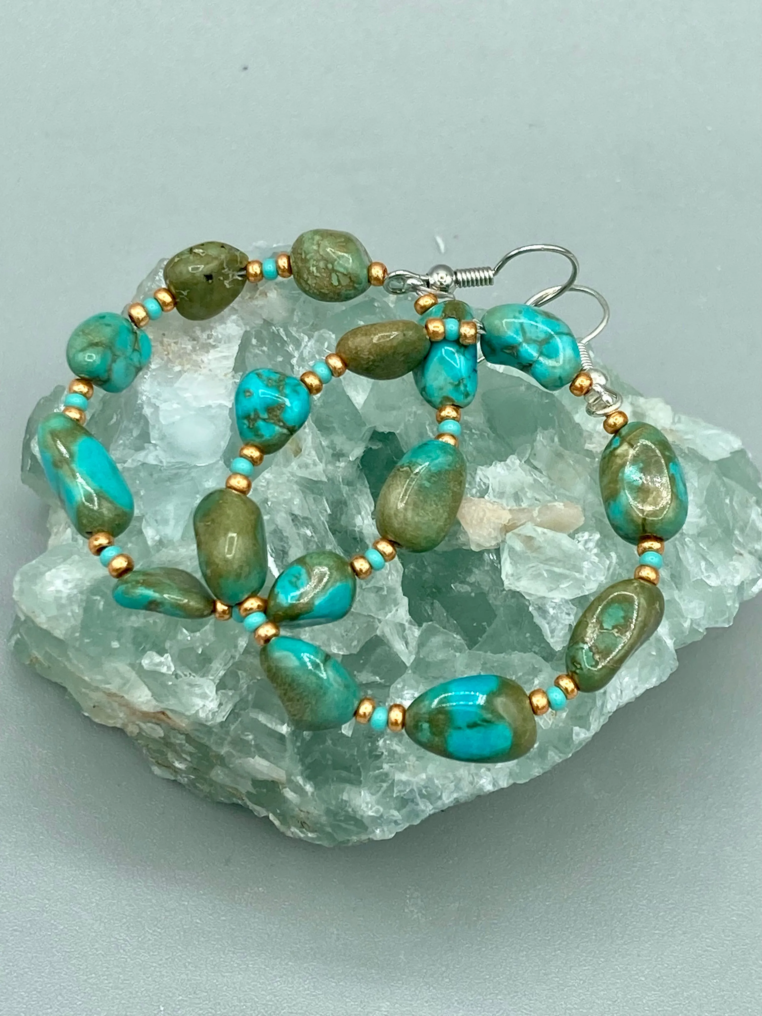 Blue-Green Magnesite Stone Beaded Hoop Earrings, Hippie Vibe, Shabby Chic, Boho Chic, Nature Inspired, Bohemian