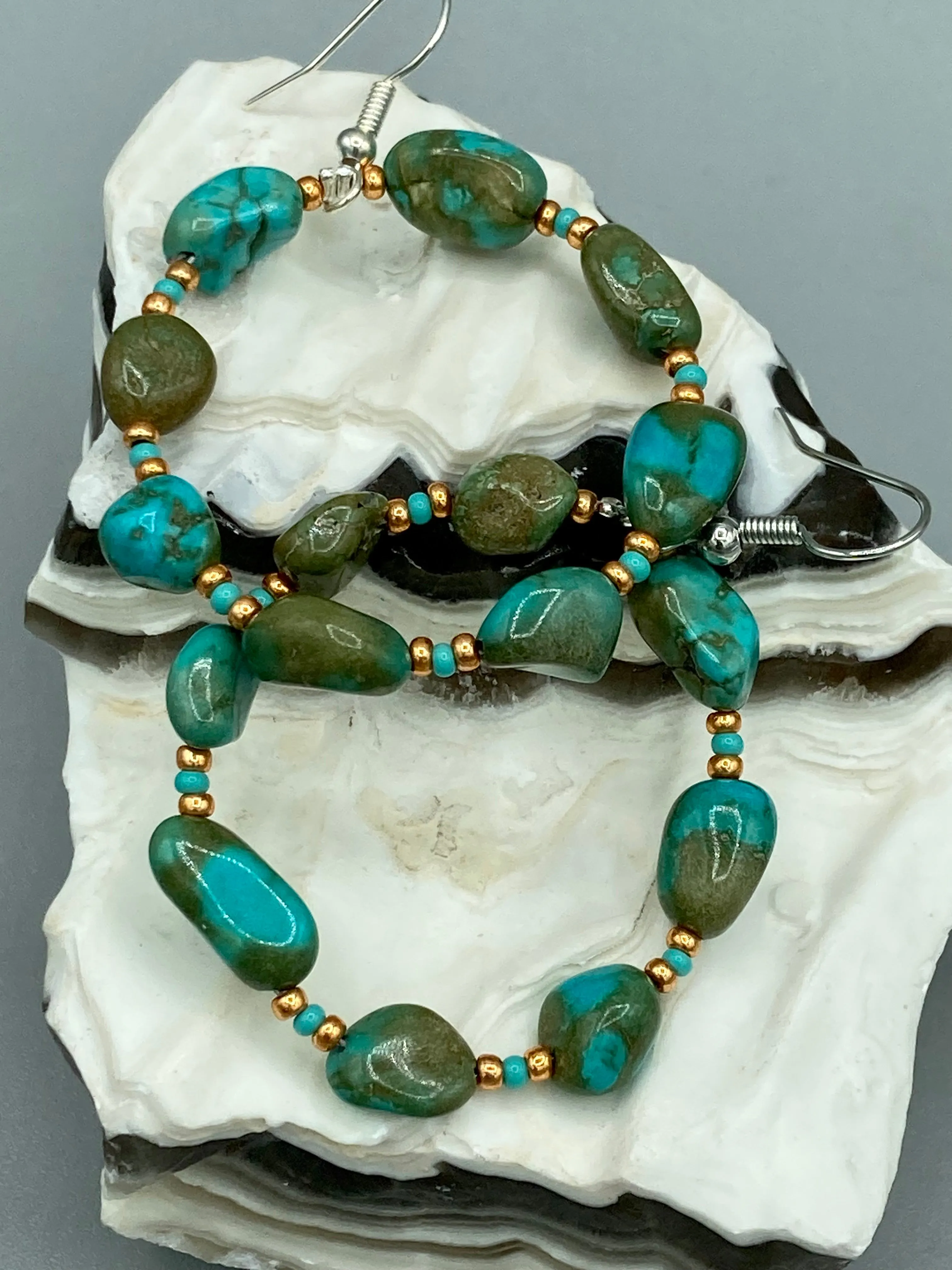 Blue-Green Magnesite Stone Beaded Hoop Earrings, Hippie Vibe, Shabby Chic, Boho Chic, Nature Inspired, Bohemian