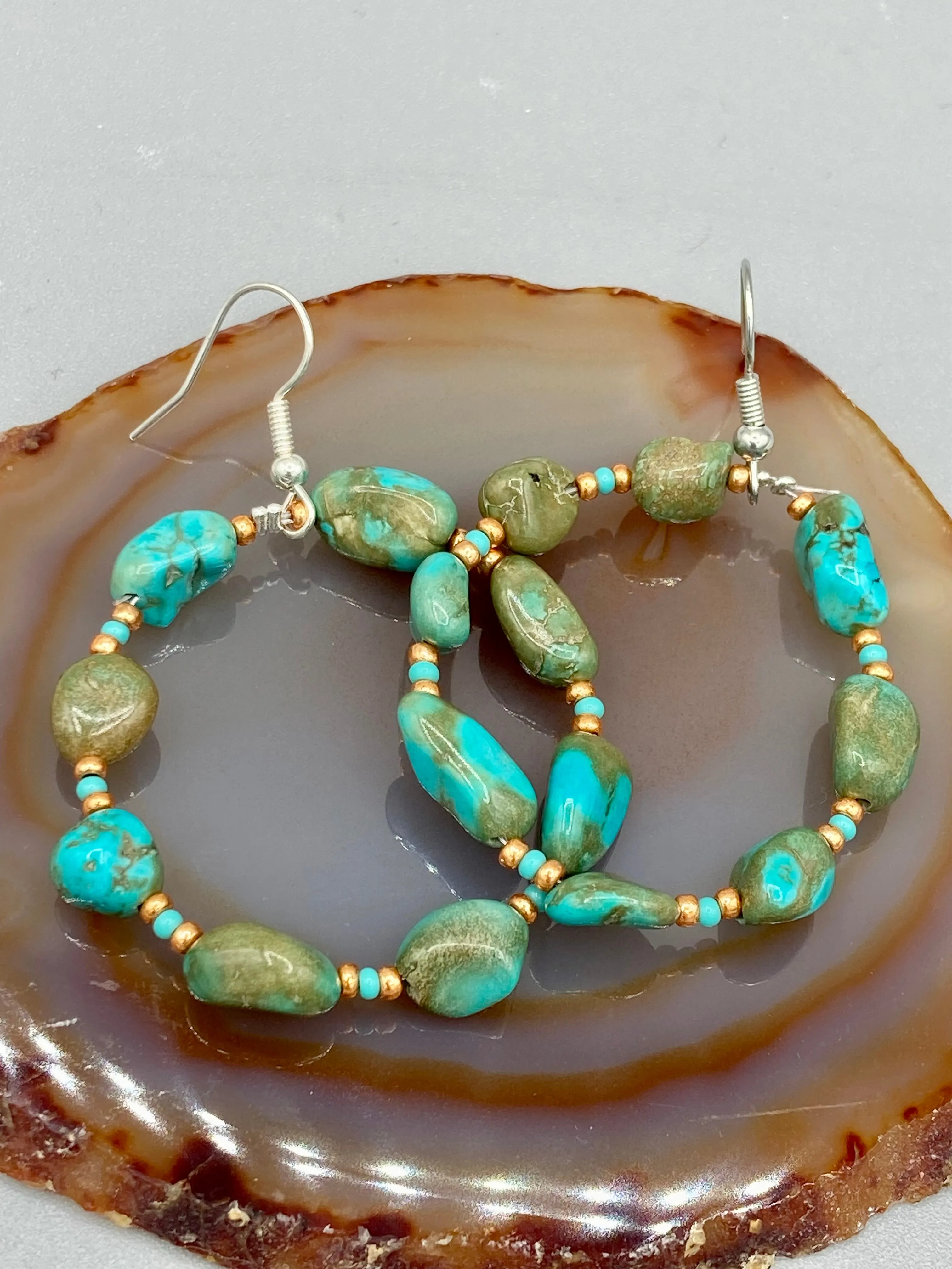 Blue-Green Magnesite Stone Beaded Hoop Earrings, Hippie Vibe, Shabby Chic, Boho Chic, Nature Inspired, Bohemian