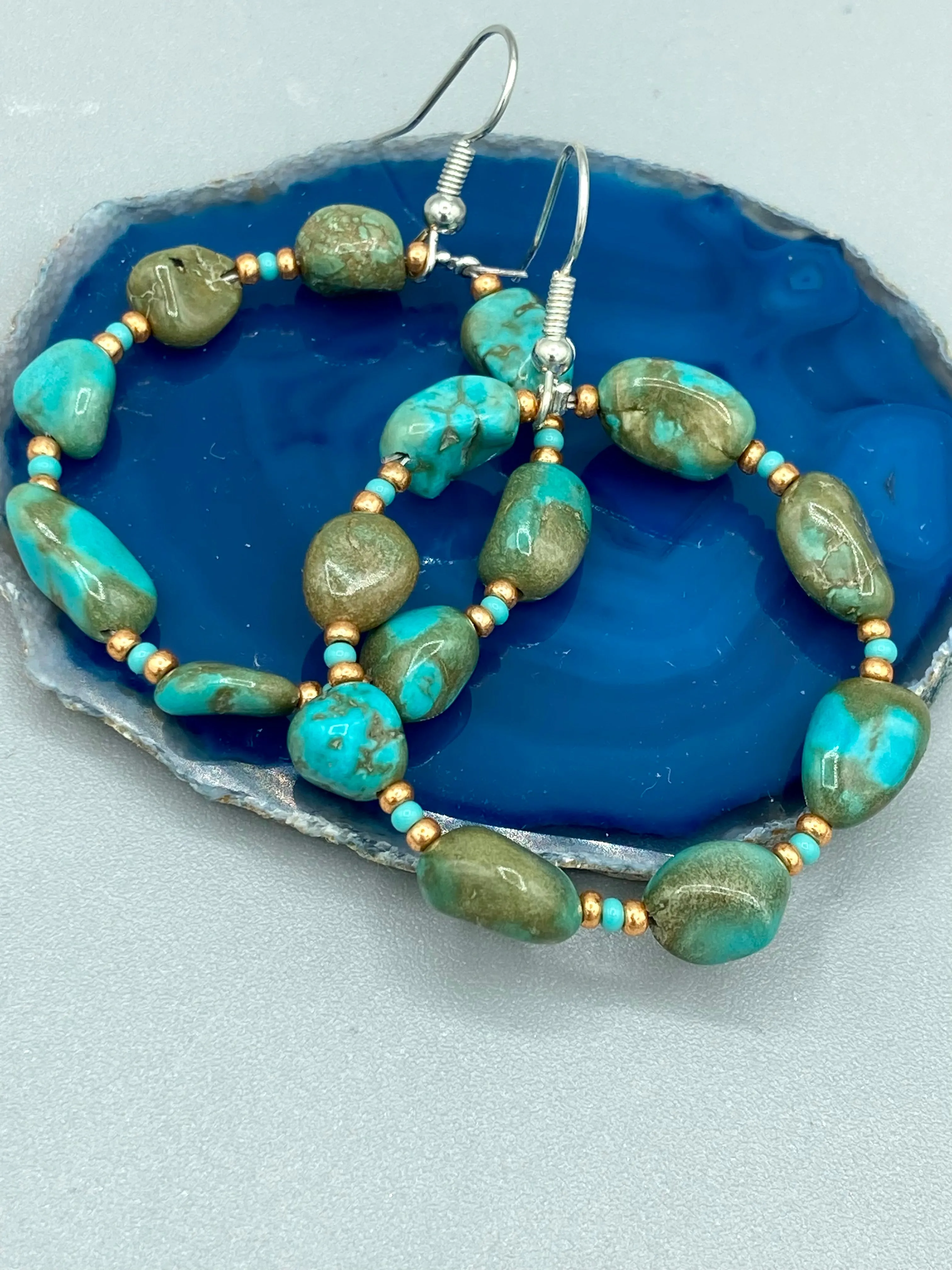 Blue-Green Magnesite Stone Beaded Hoop Earrings, Hippie Vibe, Shabby Chic, Boho Chic, Nature Inspired, Bohemian