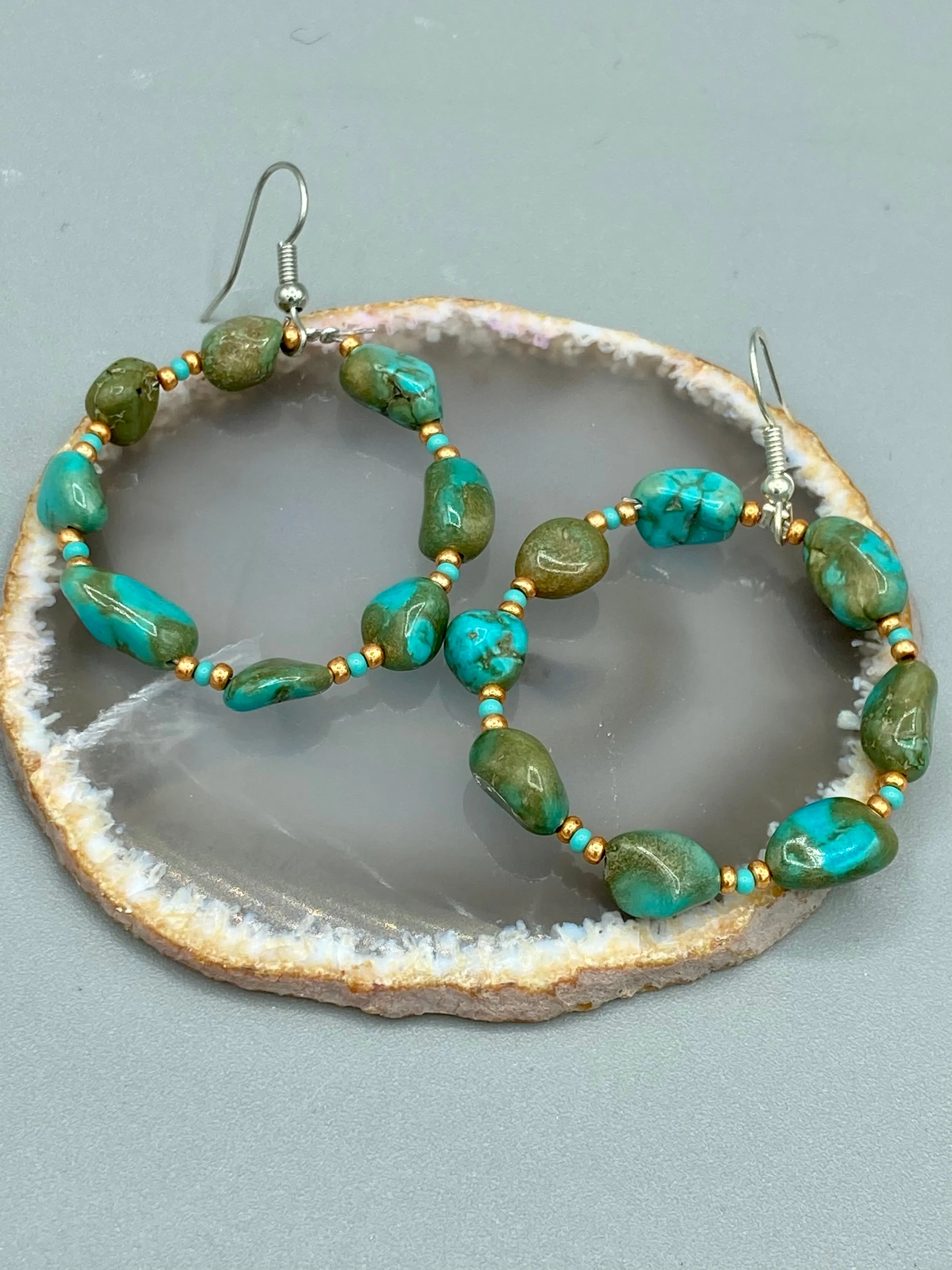 Blue-Green Magnesite Stone Beaded Hoop Earrings, Hippie Vibe, Shabby Chic, Boho Chic, Nature Inspired, Bohemian