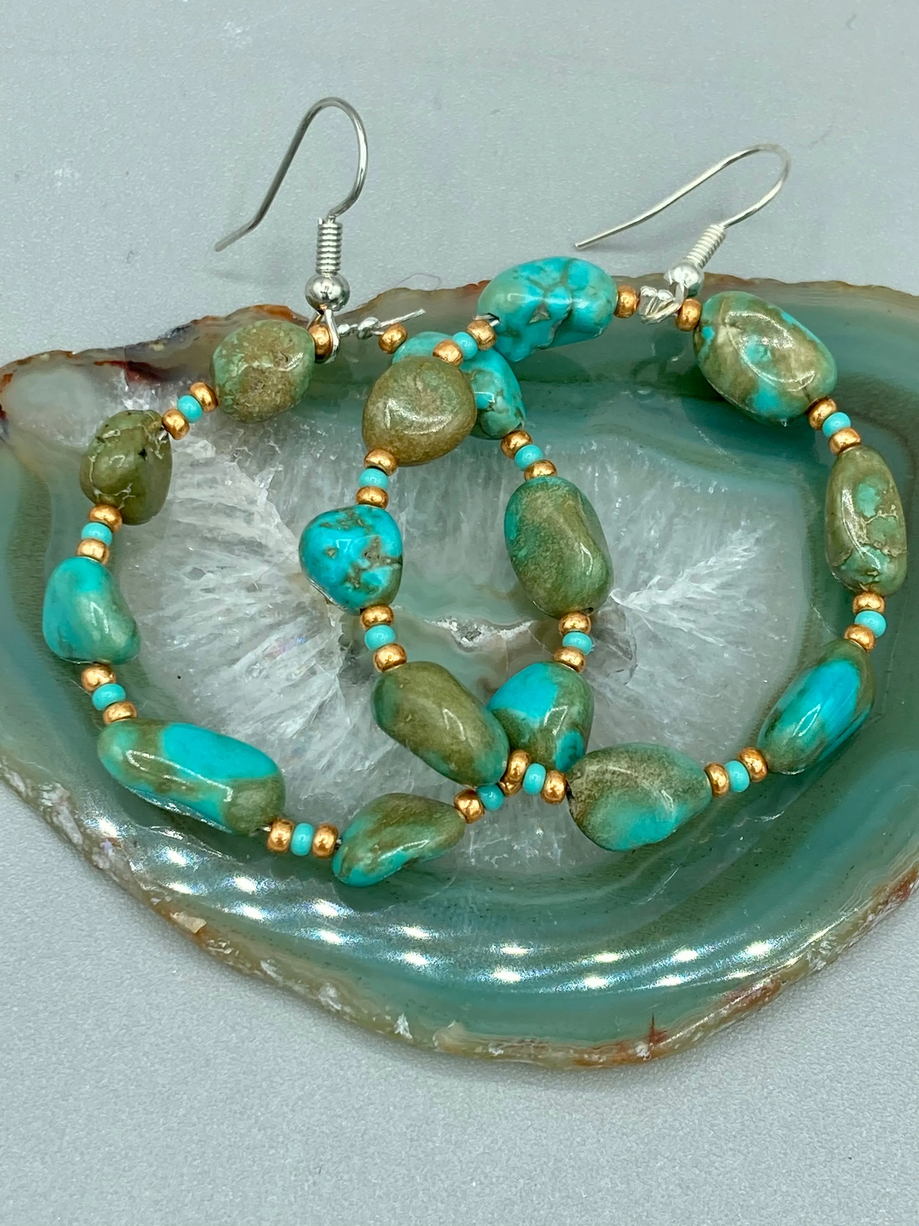 Blue-Green Magnesite Stone Beaded Hoop Earrings, Hippie Vibe, Shabby Chic, Boho Chic, Nature Inspired, Bohemian