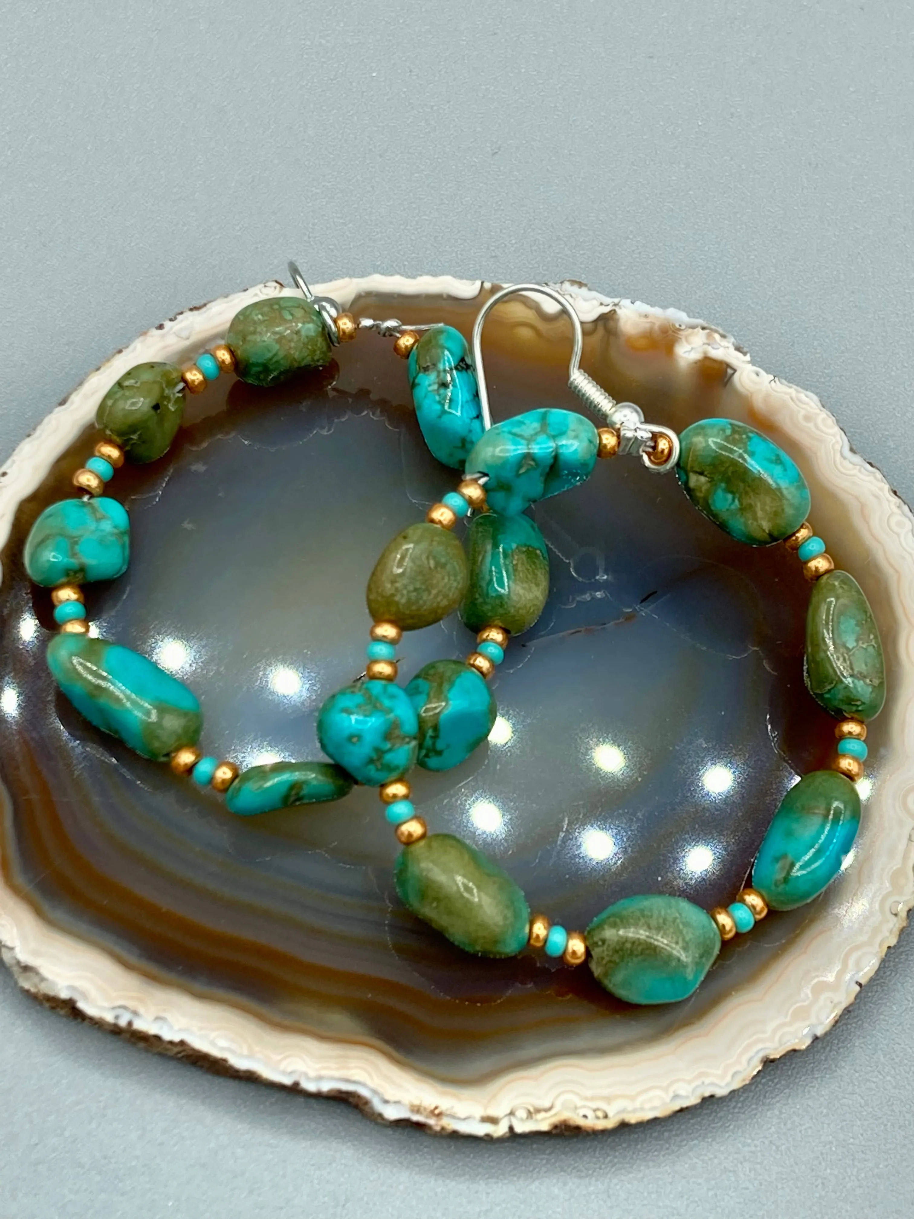 Blue-Green Magnesite Stone Beaded Hoop Earrings, Hippie Vibe, Shabby Chic, Boho Chic, Nature Inspired, Bohemian