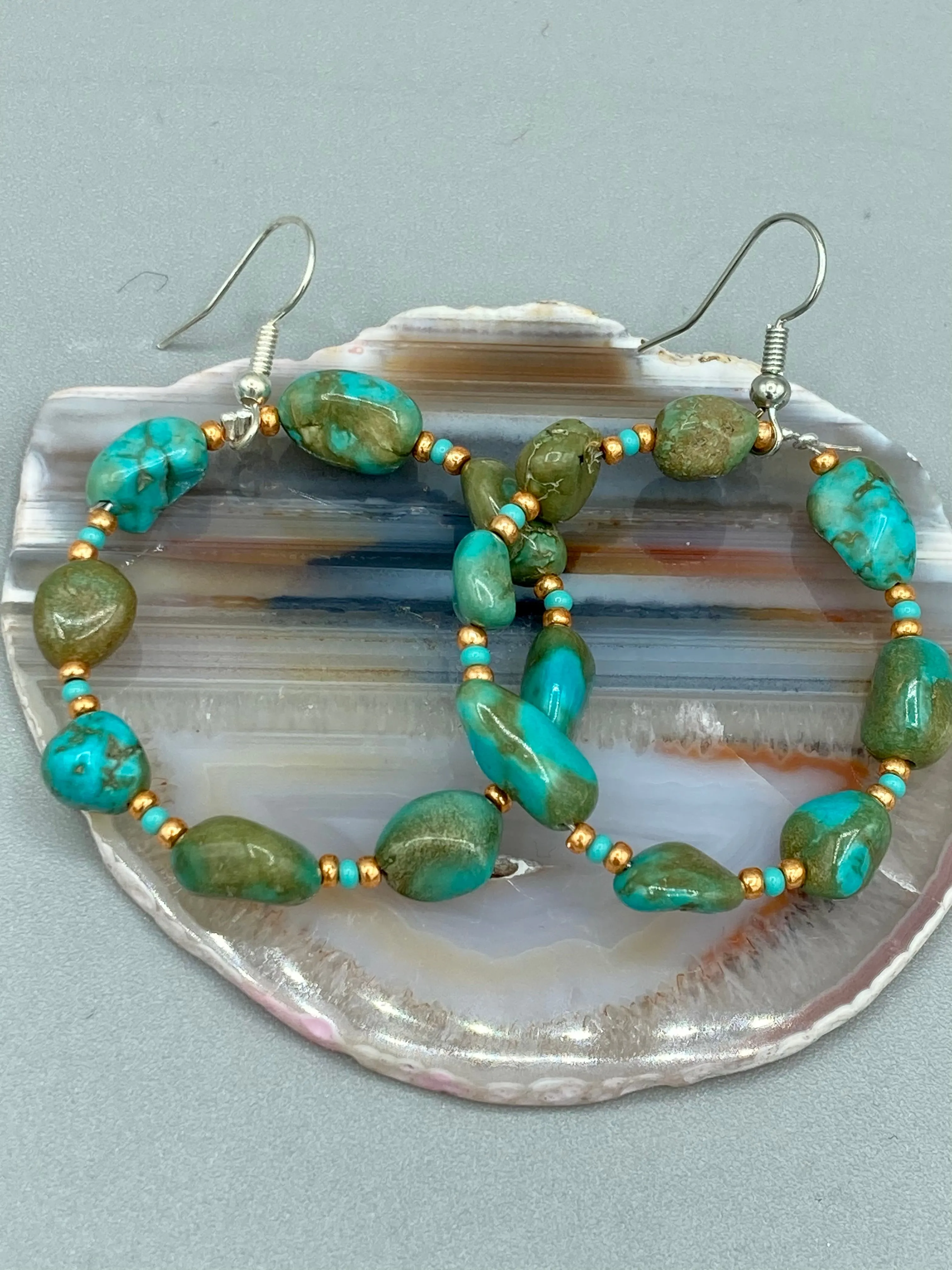 Blue-Green Magnesite Stone Beaded Hoop Earrings, Hippie Vibe, Shabby Chic, Boho Chic, Nature Inspired, Bohemian