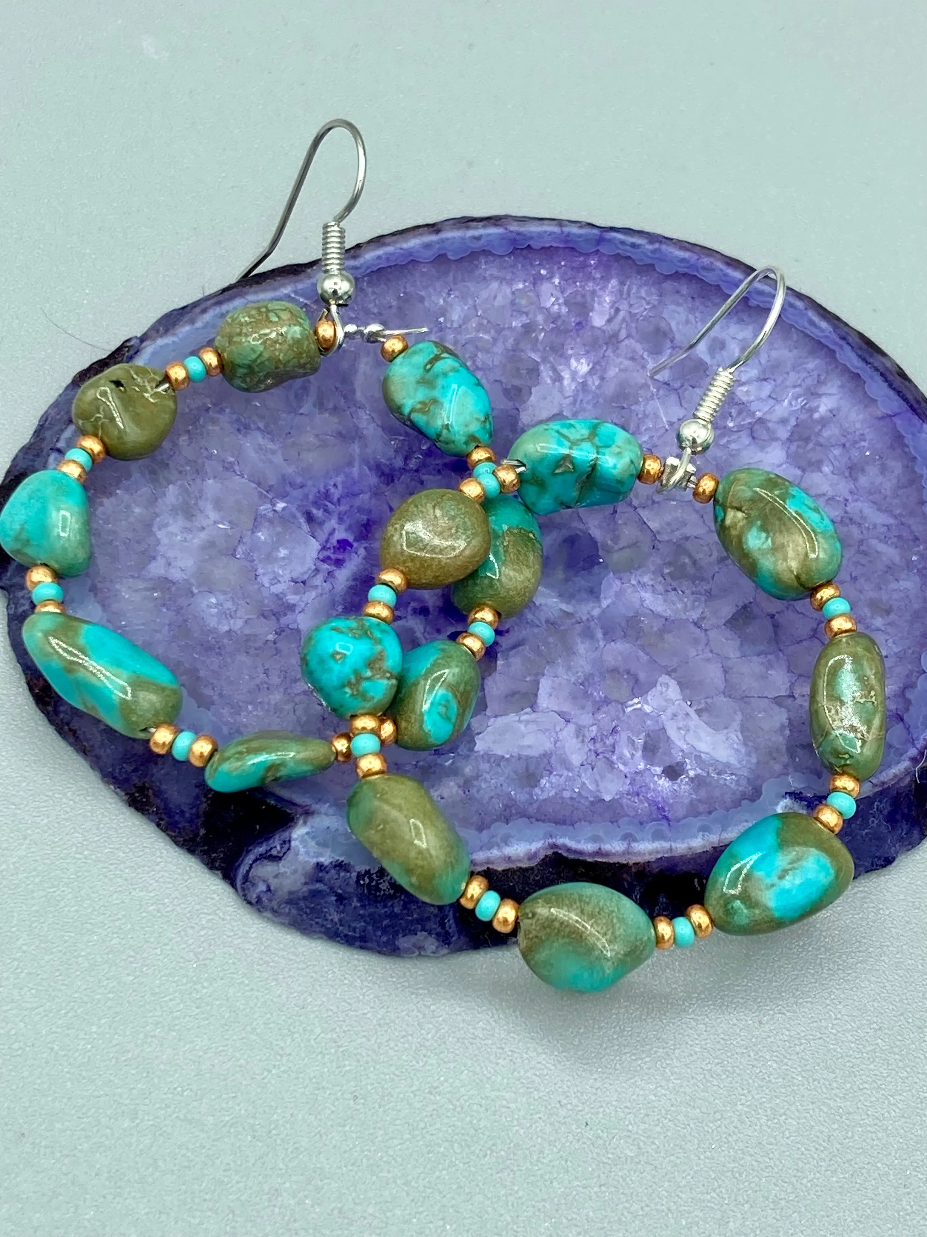 Blue-Green Magnesite Stone Beaded Hoop Earrings, Hippie Vibe, Shabby Chic, Boho Chic, Nature Inspired, Bohemian