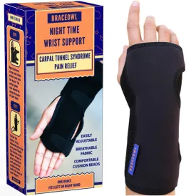 BRACEOWL-Carpal Tunnel Wrist Brace Adjustable Night Splint for Pain Relief, Tendonitis & Arthritis  Fits Left or Right Hand, Support for Men & Women