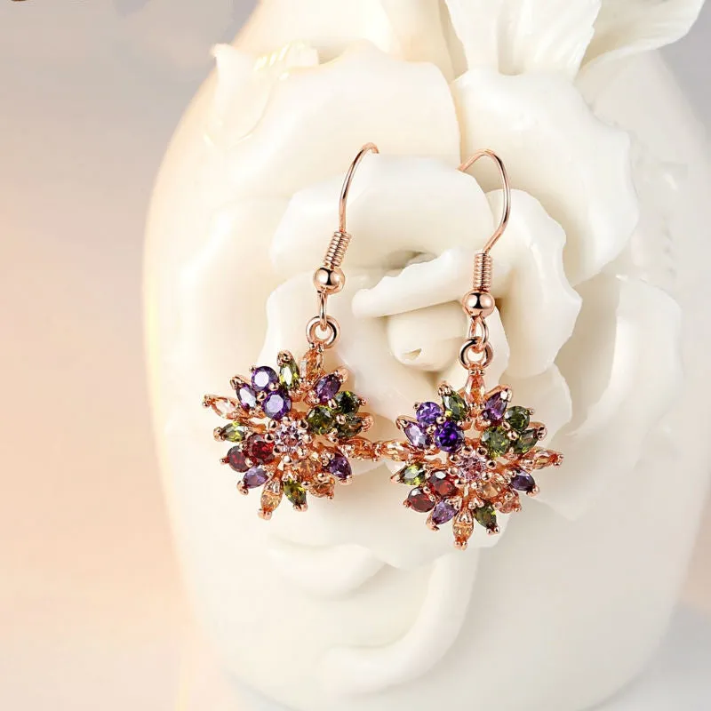 Brand 18K Rose Gold Plated Flower Drop Earrings with Colorful Cubiz Zircon For Women