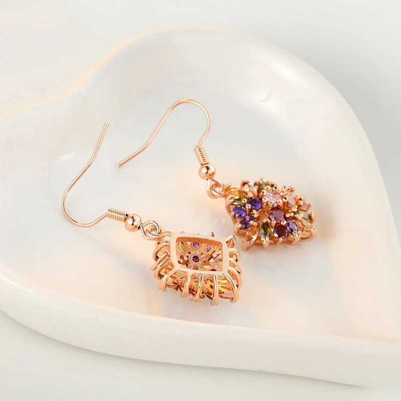 Brand 18K Rose Gold Plated Flower Drop Earrings with Colorful Cubiz Zircon For Women