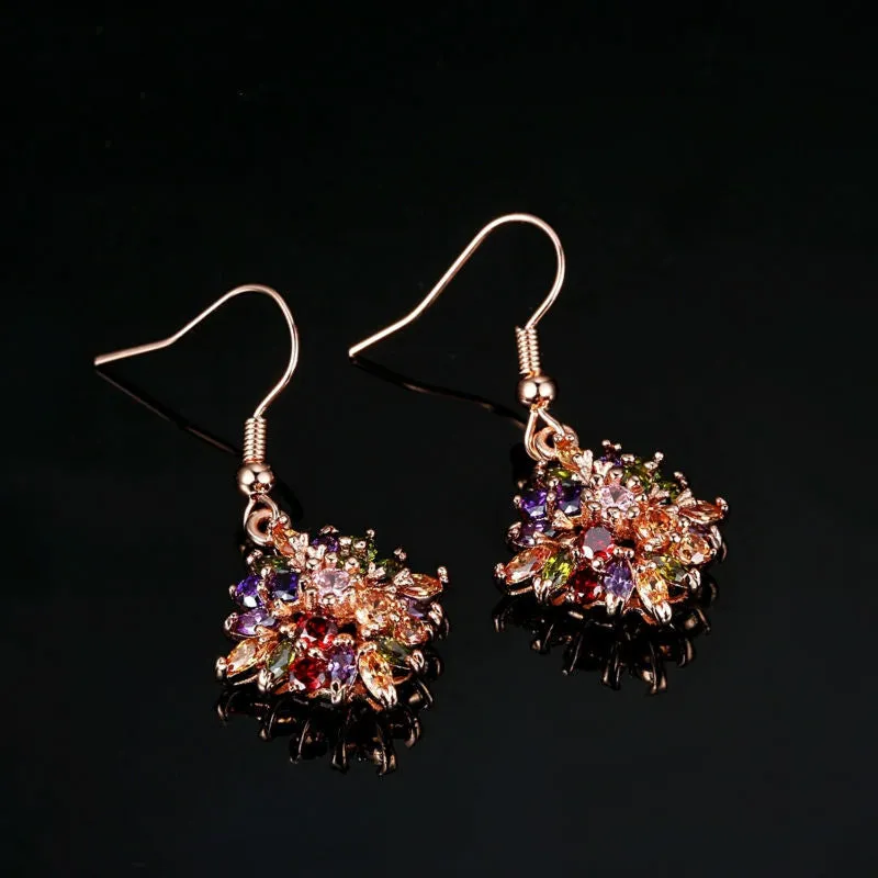 Brand 18K Rose Gold Plated Flower Drop Earrings with Colorful Cubiz Zircon For Women