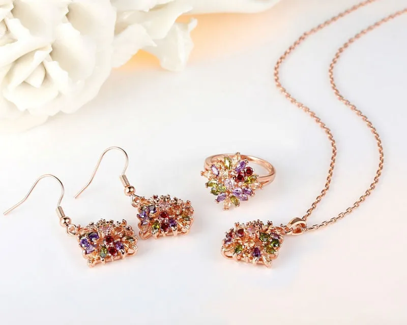Brand 18K Rose Gold Plated Flower Drop Earrings with Colorful Cubiz Zircon For Women