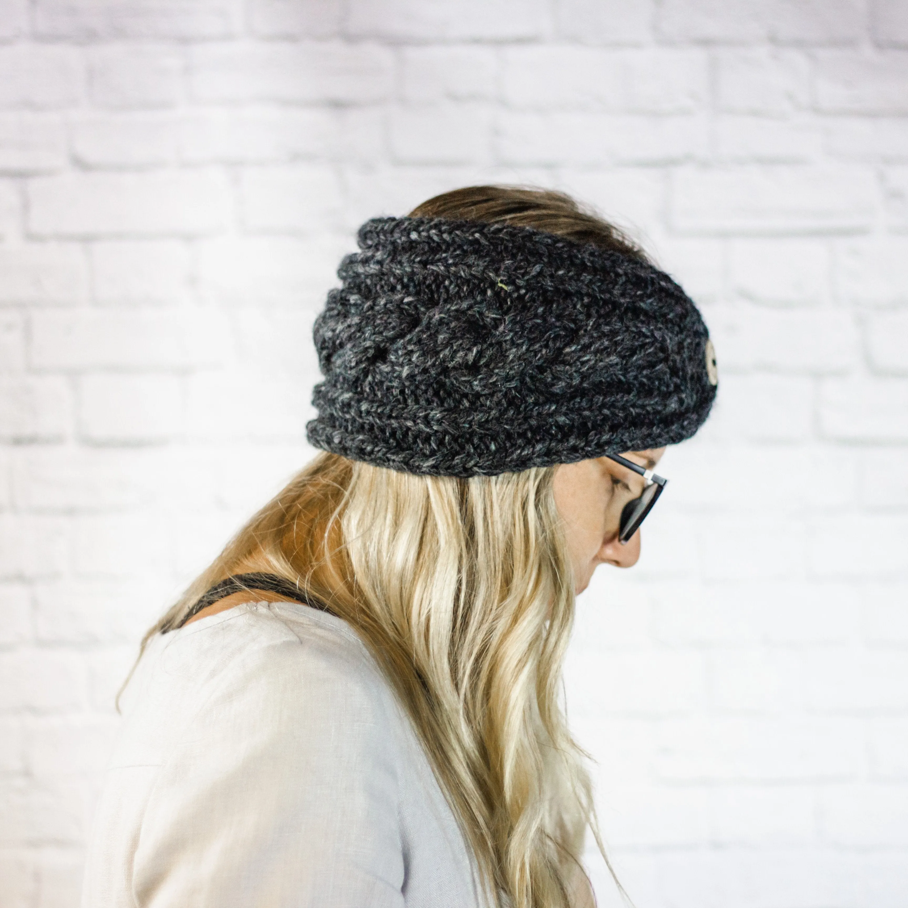 Charcoal Chunky Cable Knit Button Ear Warmer Headband for Women