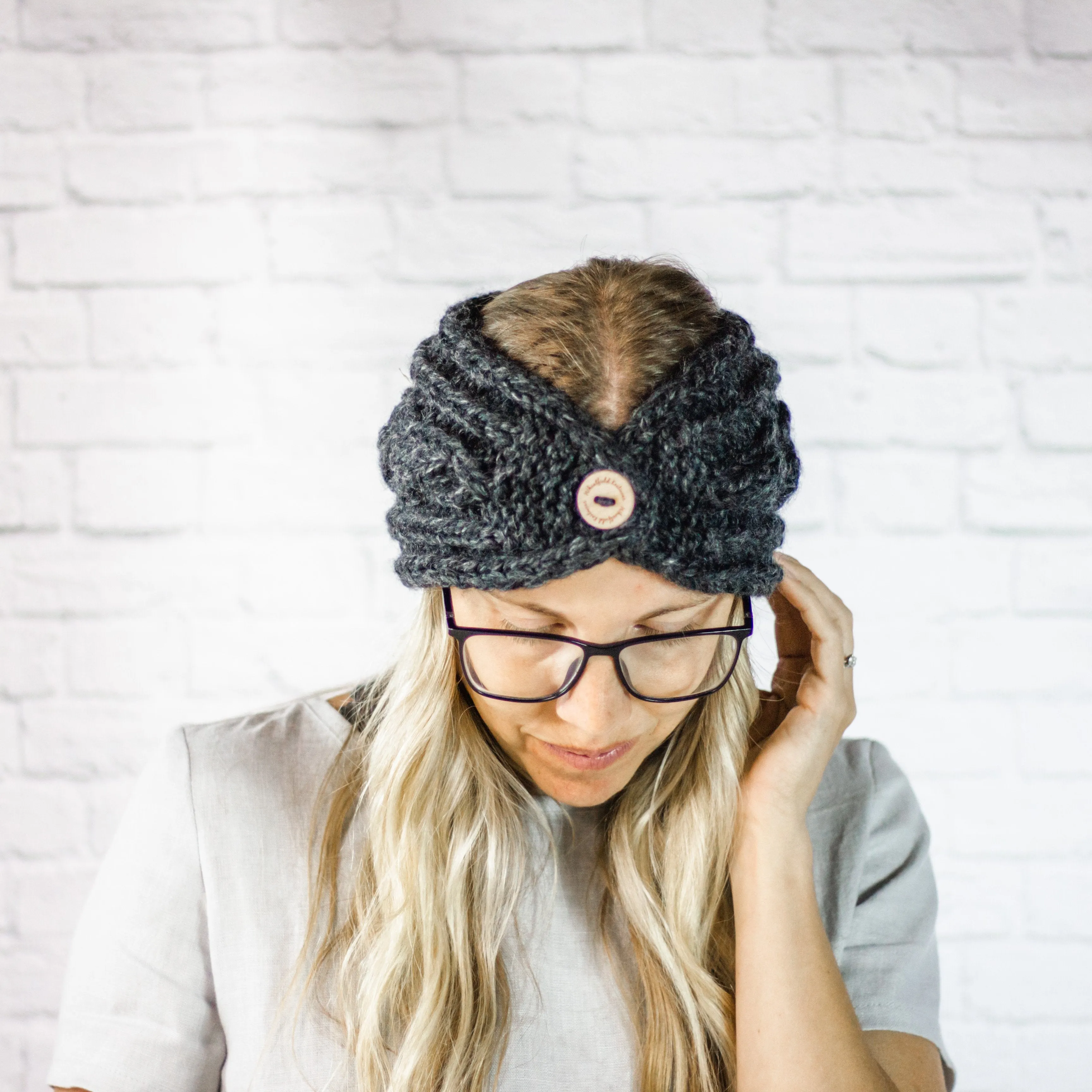 Charcoal Chunky Cable Knit Button Ear Warmer Headband for Women