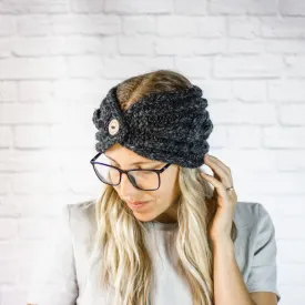 Charcoal Chunky Cable Knit Button Ear Warmer Headband for Women