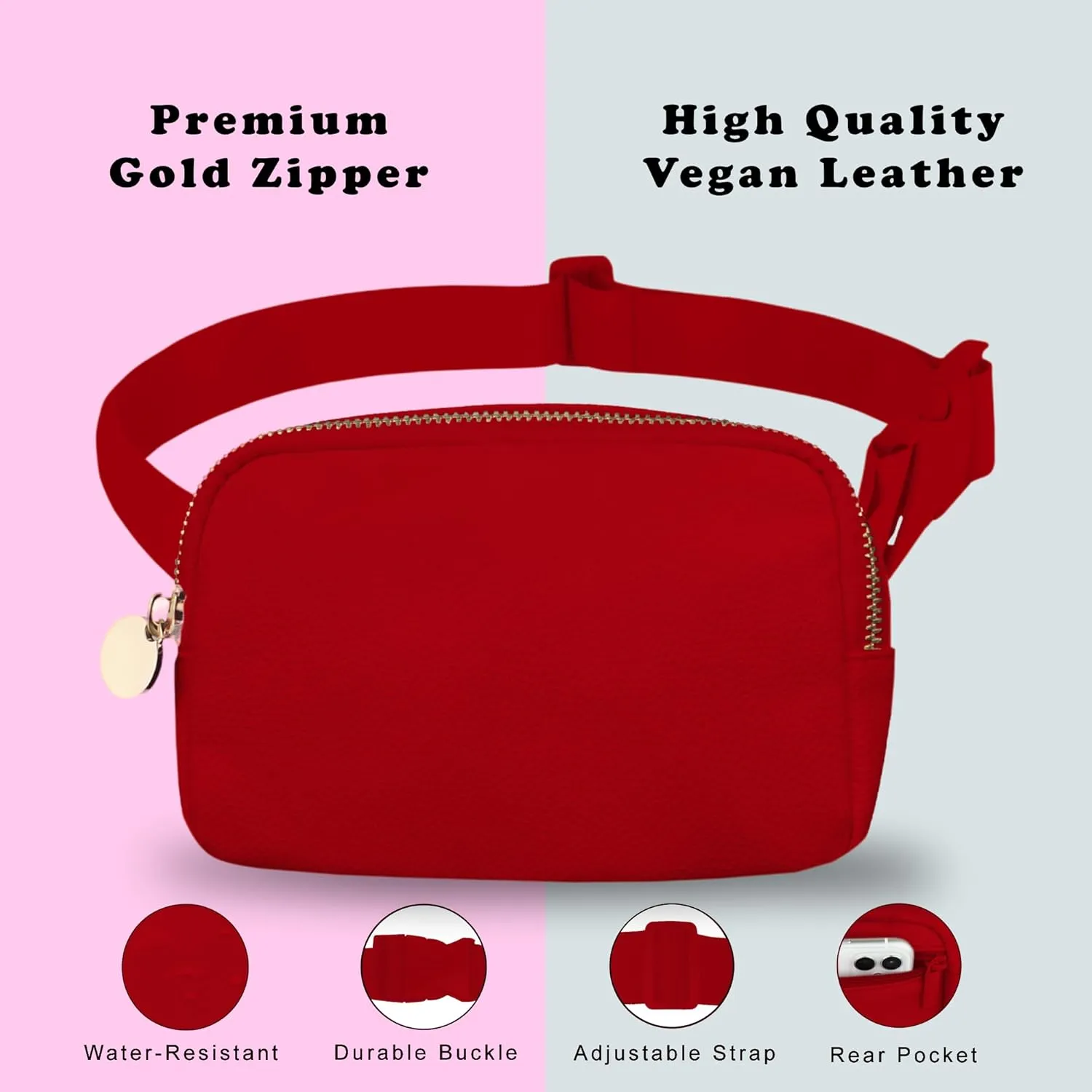 DANCOUR Vegan Leather Belt Bag for Women  Red Fanny Pack Crossbody, Stylish Large Waist Bag, Trendy Crossbody Belt Bag, Everywhere Fanny Pack for Travel, Fashionable Faux Leather Bag