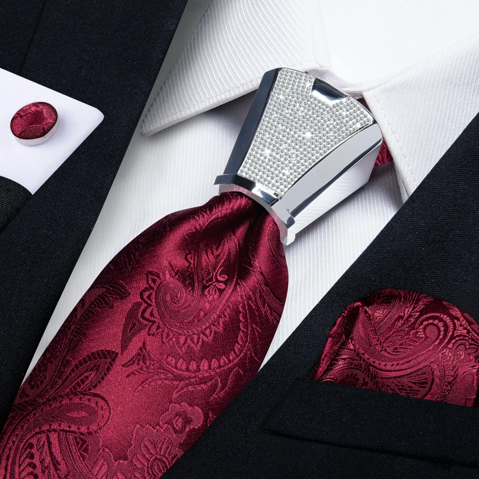 DiBanGu Men's Tie Red Floral Silk Tie Handkerchief Cufflinks Accessory Set 4PC