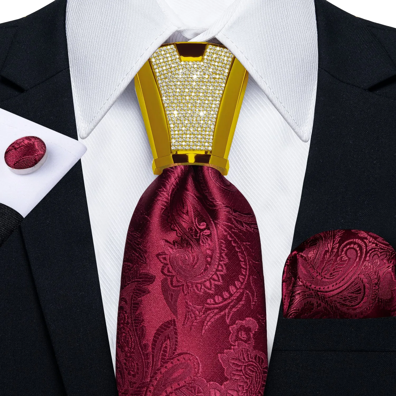 DiBanGu Men's Tie Red Floral Silk Tie Handkerchief Cufflinks Accessory Set 4PC