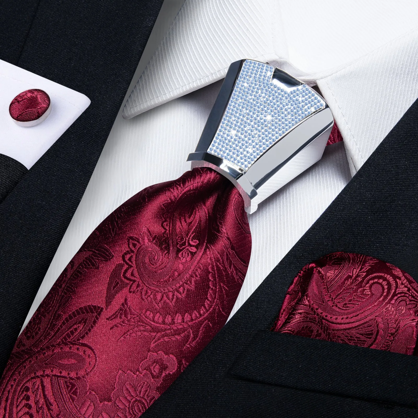 DiBanGu Men's Tie Red Floral Silk Tie Handkerchief Cufflinks Accessory Set 4PC
