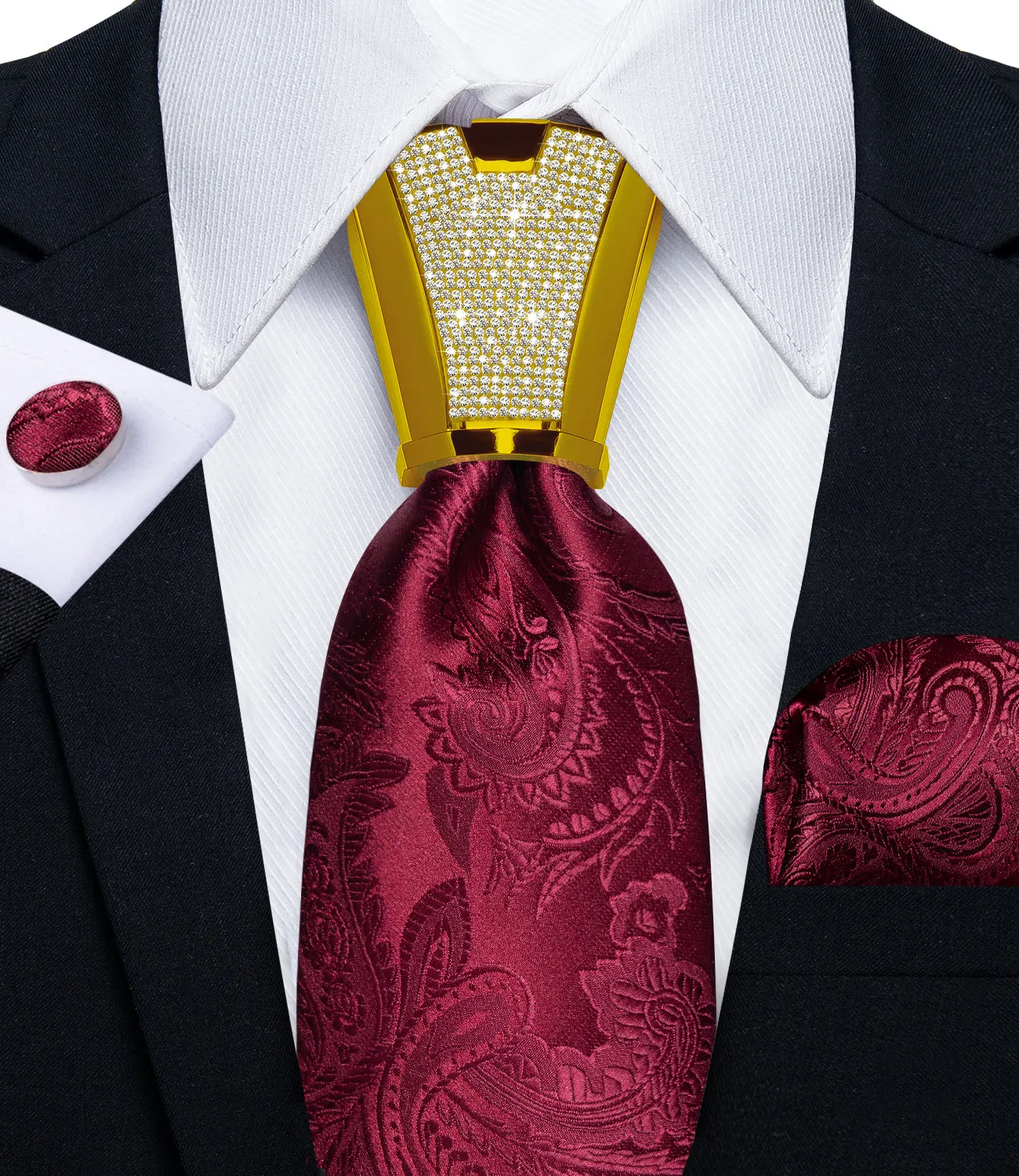 DiBanGu Men's Tie Red Floral Silk Tie Handkerchief Cufflinks Accessory Set 4PC