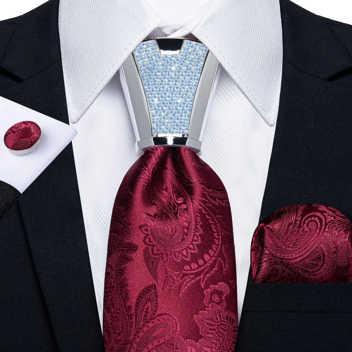 DiBanGu Men's Tie Red Floral Silk Tie Handkerchief Cufflinks Accessory Set 4PC