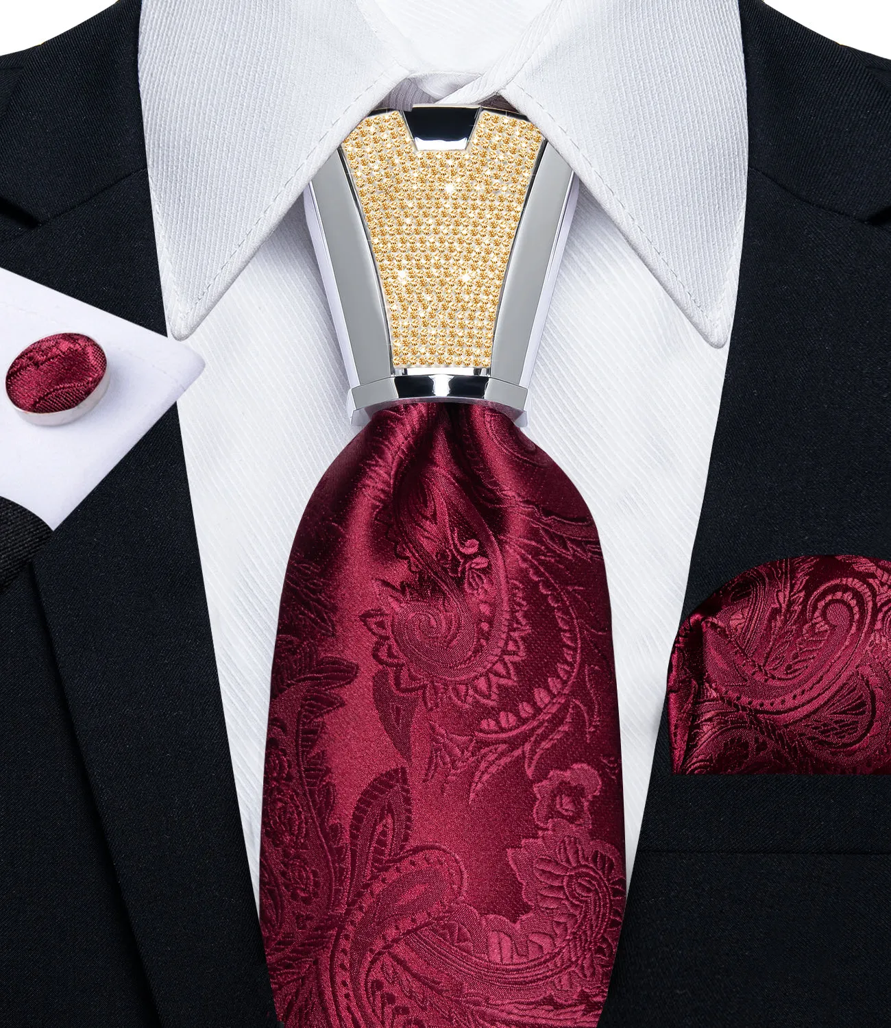 DiBanGu Men's Tie Red Floral Silk Tie Handkerchief Cufflinks Accessory Set 4PC
