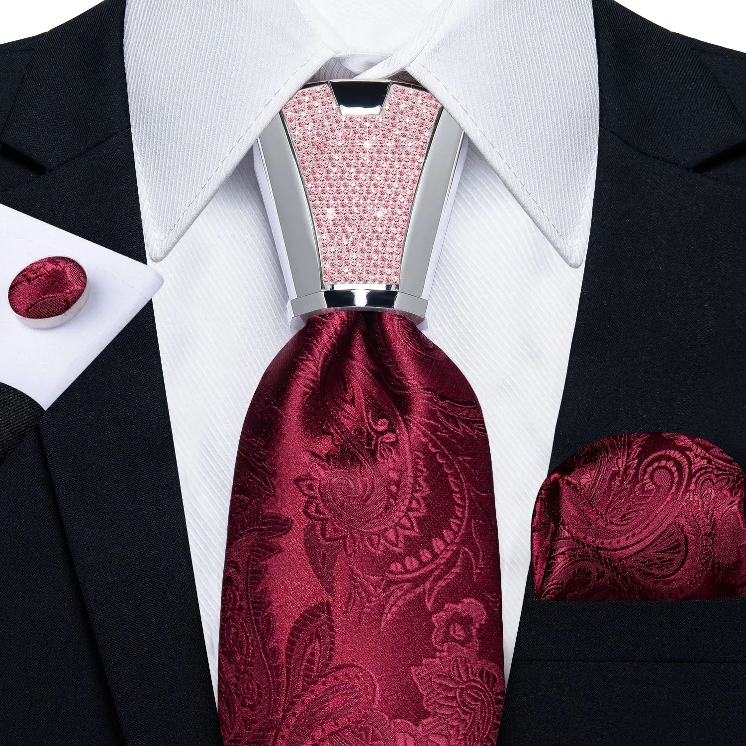 DiBanGu Men's Tie Red Floral Silk Tie Handkerchief Cufflinks Accessory Set 4PC