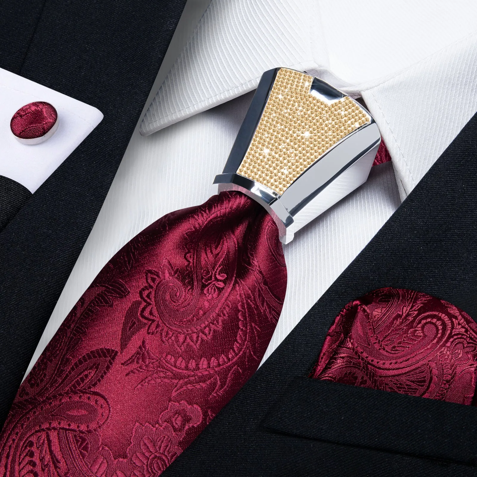 DiBanGu Men's Tie Red Floral Silk Tie Handkerchief Cufflinks Accessory Set 4PC