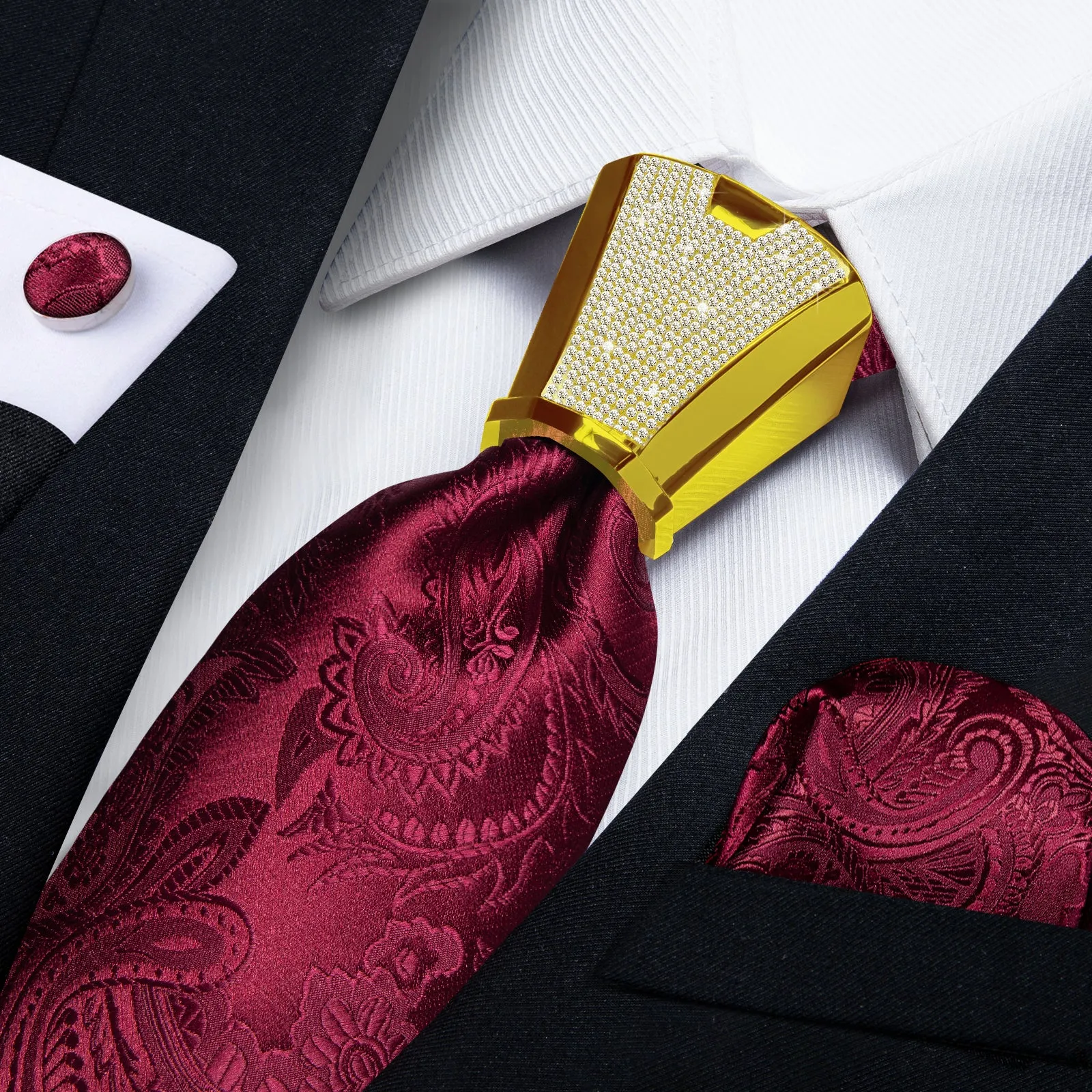 DiBanGu Men's Tie Red Floral Silk Tie Handkerchief Cufflinks Accessory Set 4PC