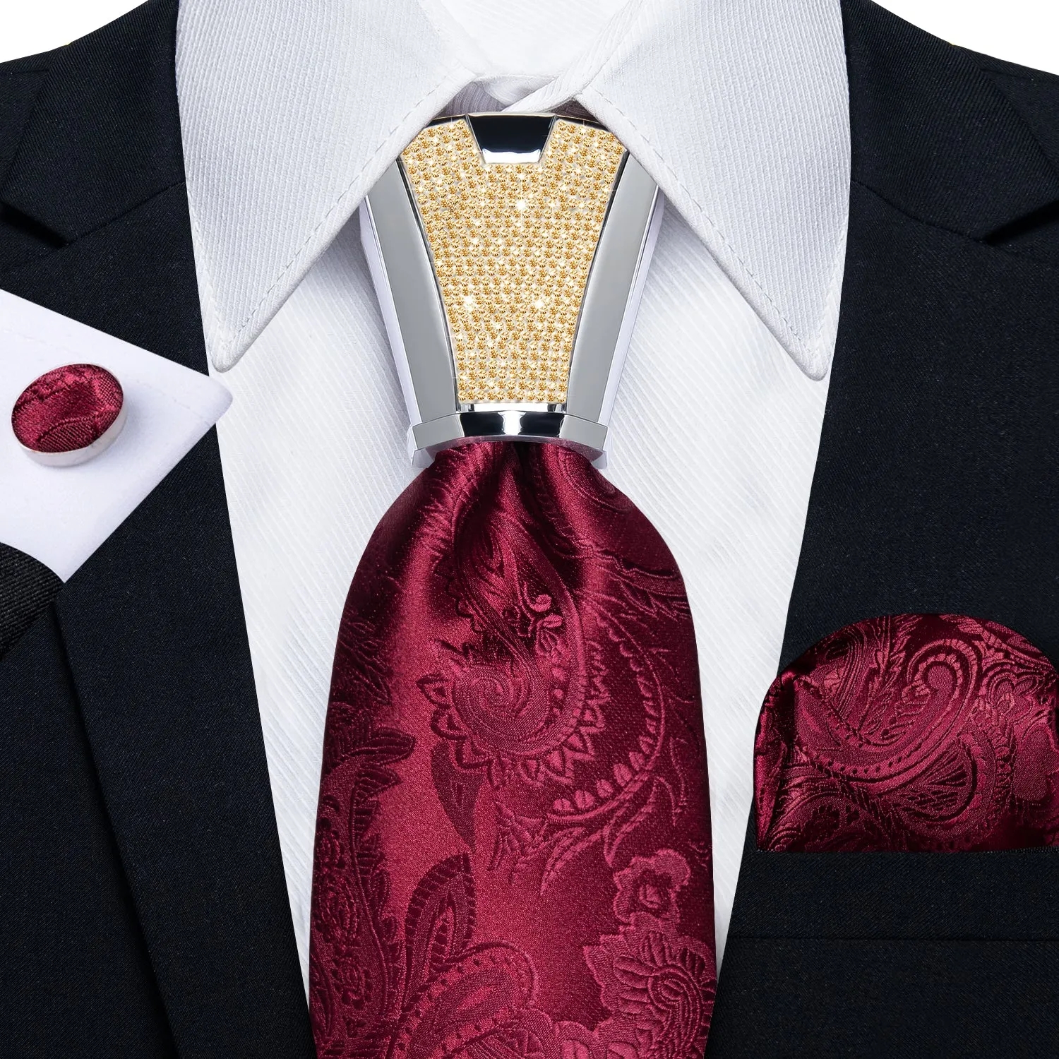 DiBanGu Men's Tie Red Floral Silk Tie Handkerchief Cufflinks Accessory Set 4PC